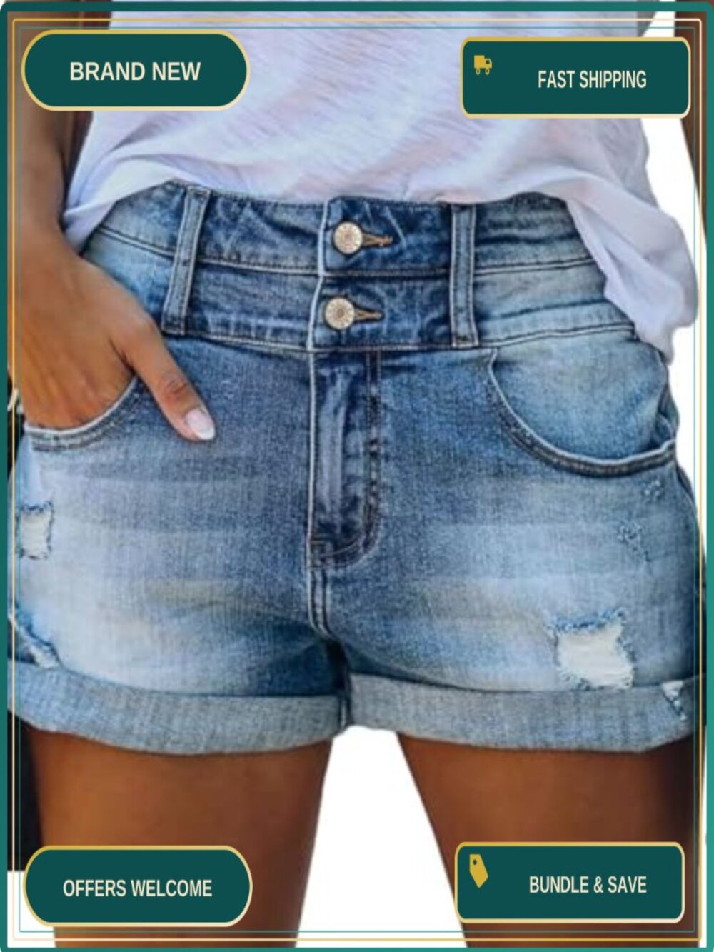 Women's Mid Rise Folded Hem Ripped Denim Shorts Stretch Cotton